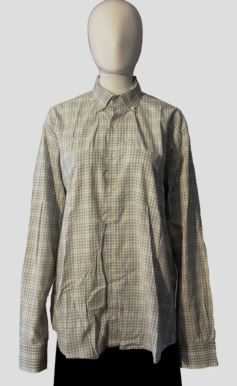 Peter Millar Gray White Check Plaid Cotton Dress Shirt Button Down Luxury SZ L
